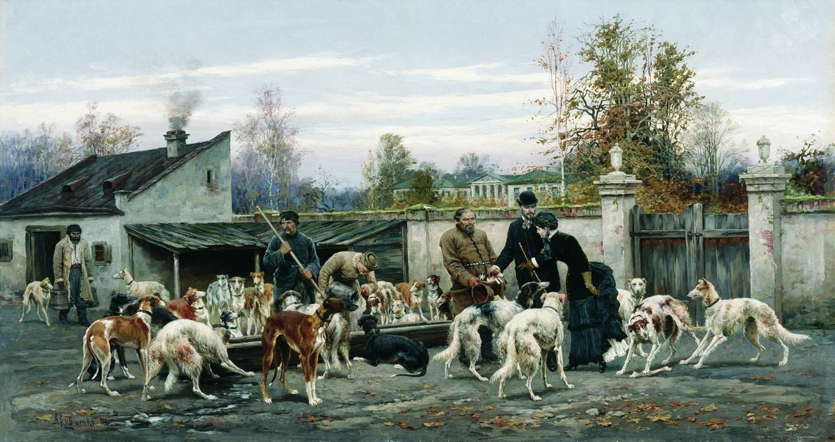 At the Kennel, vintage artwork by Aleksei Danilovich Kivshenko, 12x8" (A4) Poster
