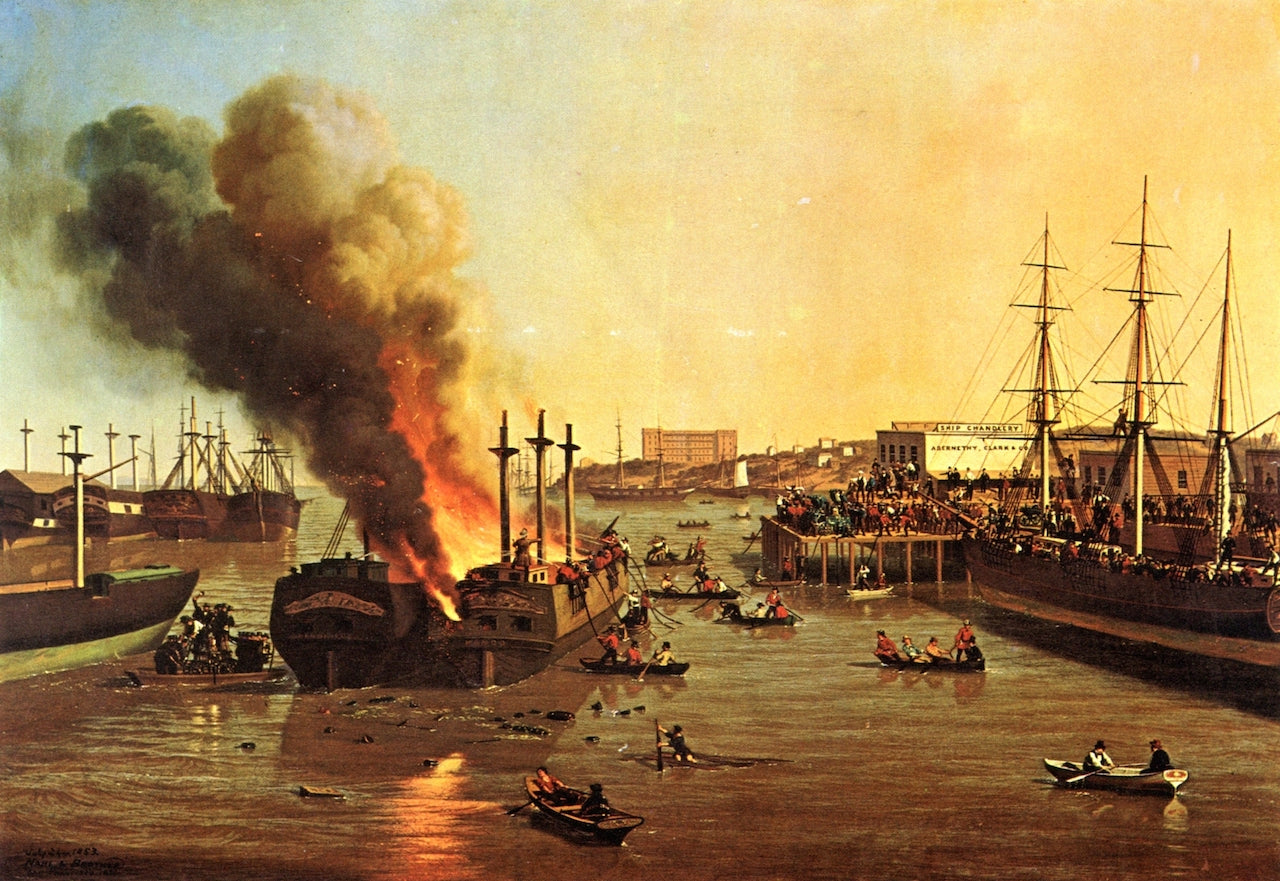 Fire in San Francisco Harbor, vintage artwork by Charles Christian Nahl, A3 (16x12") Poster Print