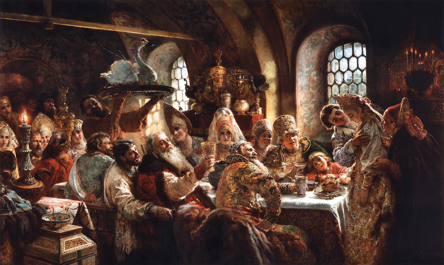 The Boyar Wedding Feast in the 17th Century, vintage artwork by Konstantin Yegorovich Makovsky, 12x8" (A4) Poster