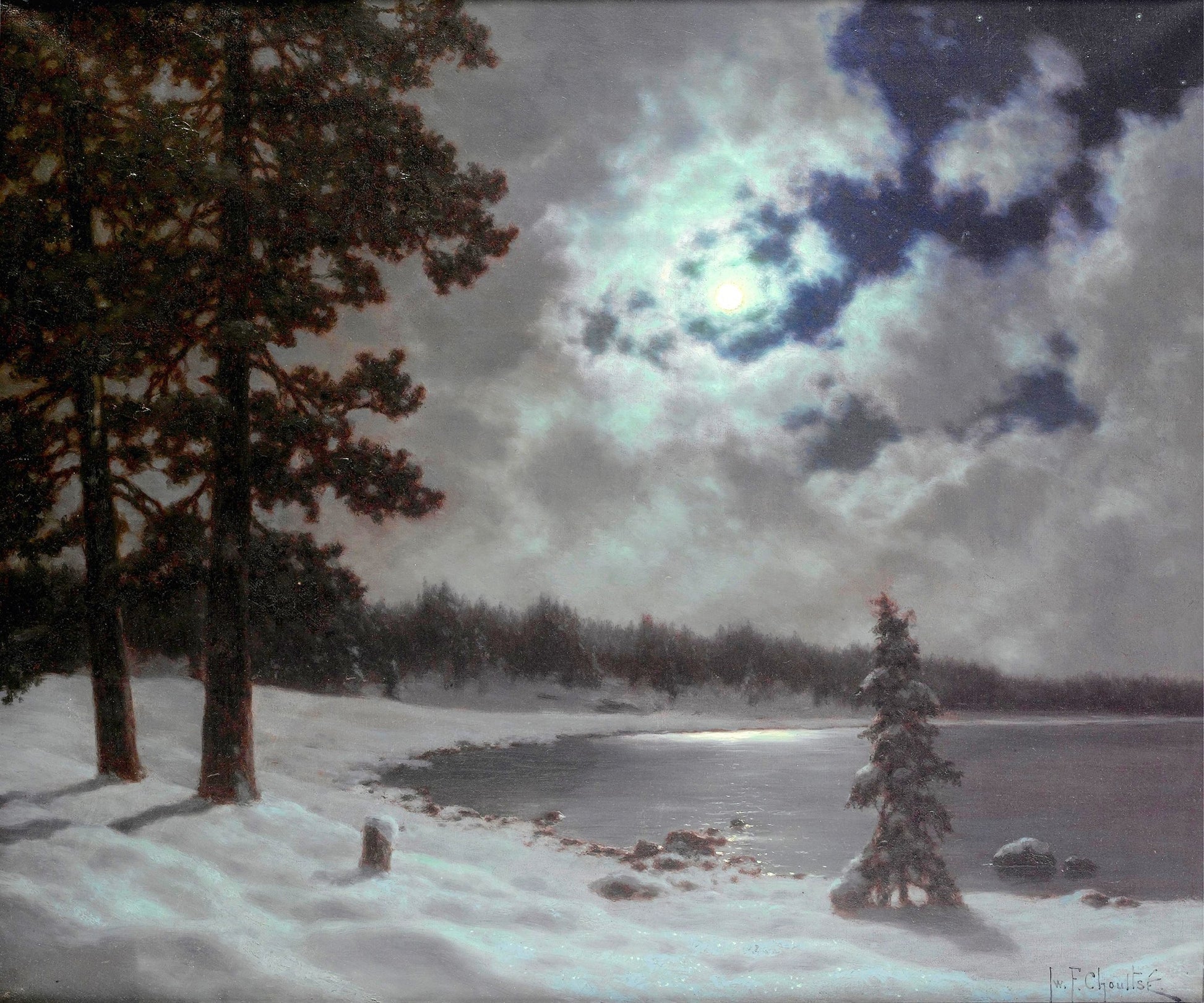 Winter Moonlight, vintage artwork by Ivan Fedorovich Choultse, 12x8" (A4) Poster