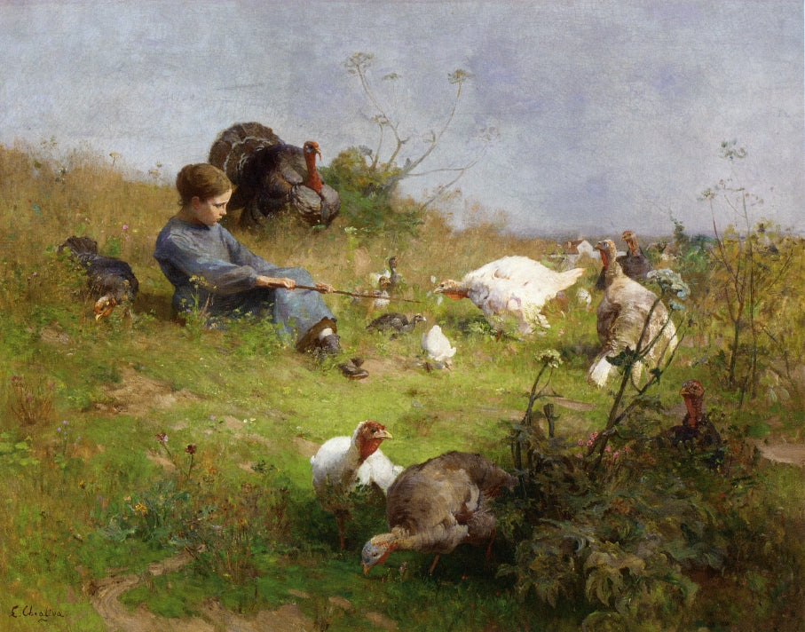 A Young Girl with a Flock of Turkeys, vintage artwork by Luigi Chialiva, 12x8" (A4) Poster