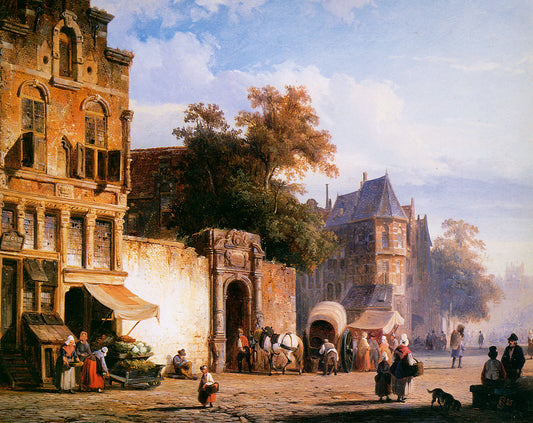 Cityview wiith marketstall, vintage artwork by Cornelis Springer, A3 (16x12") Poster Print
