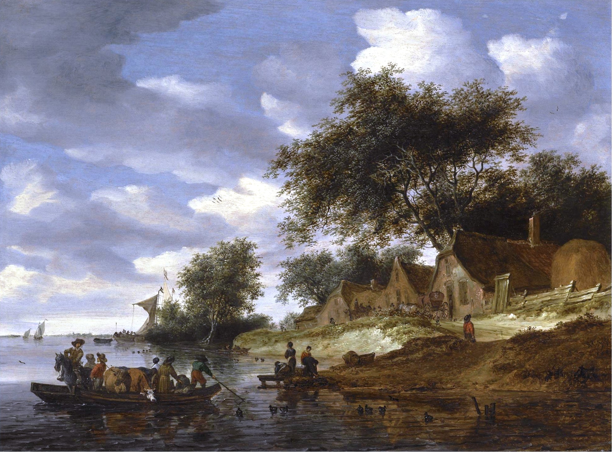 A River Landscape with Figures Crossing to the Shore on a Cattle Ferry, vintage artwork by Salomon van Ruysdael, 12x8" (A4) Poster