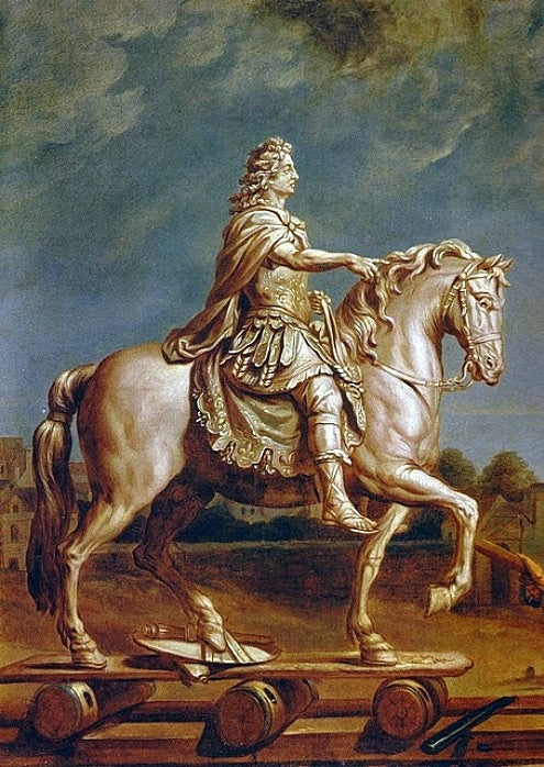 Transporting the Equestrian Statue of Louis XIV to the Place Louis-le-Grand, vintage artwork by Rene-Antoine Houasse, 12x8" (A4) Poster