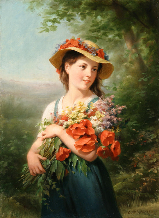 Young Girl with a Bouquet of Wildflowers, vintage artwork by Fritz Zuber-Buhler, 12x8" (A4) Poster