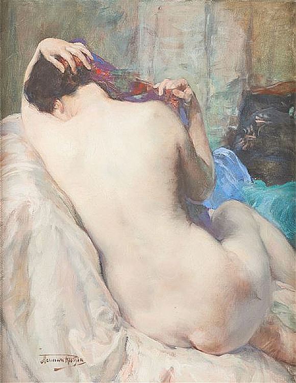 Young Nude Straightening Hair, vintage artwork by Herman Jean Joseph Richir, 12x8" (A4) Poster