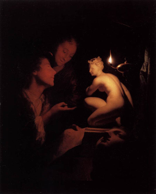 Artist and Model Looking at an Ancient Statue by  Lamplight, vintage artwork by Godfried Schalcken, 12x8" (A4) Poster