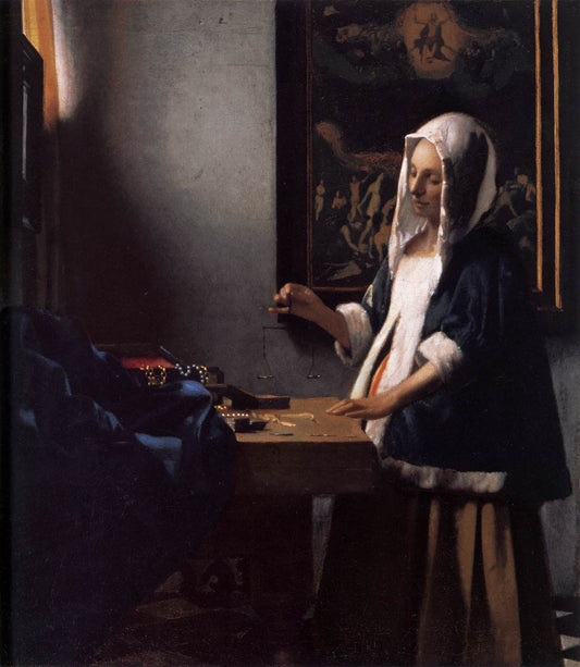 Woman Holding a Balance, vintage artwork by Johannes Vermeer, 12x8" (A4) Poster