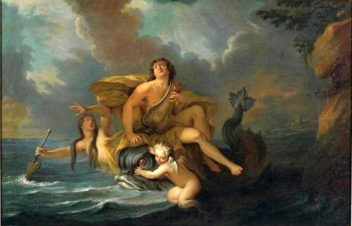 Arion on a Sea Horse and Playing Lyra, vintage artwork by Noël-Nicolas Coypel III, 12x8" (A4) Poster