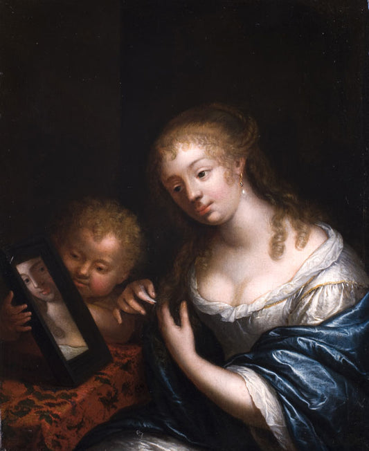 Venus with Cupid in front of the mirror, vintage artwork by Caspar Netscher, 12x8" (A4) Poster