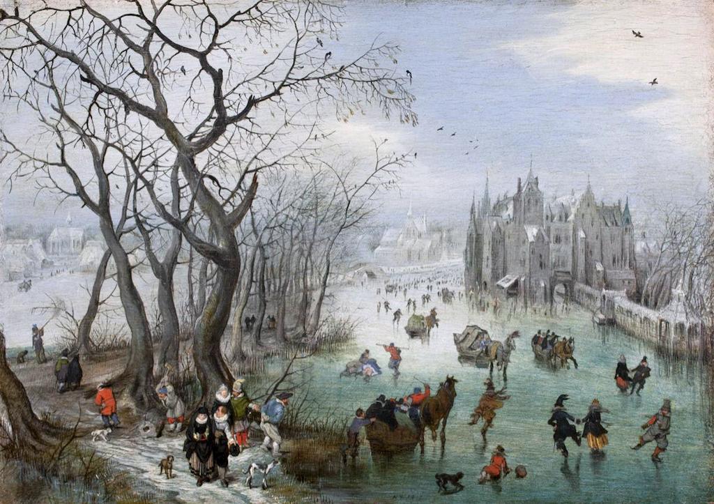 Winter Landscape with Skaters near a Castle, vintage artwork by Adriaen van de Venne, 12x8" (A4) Poster