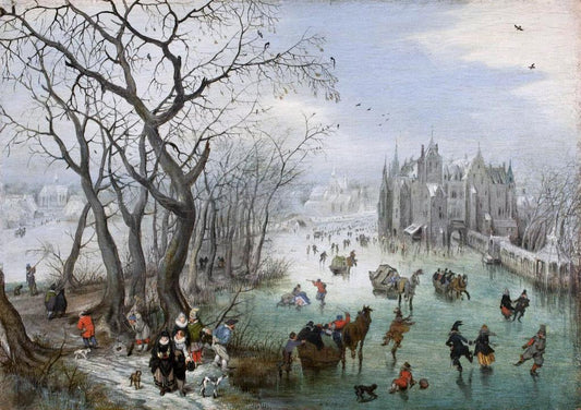 Winter Landscape with Skaters near a Castle, vintage artwork by Adriaen van de Venne, 12x8" (A4) Poster