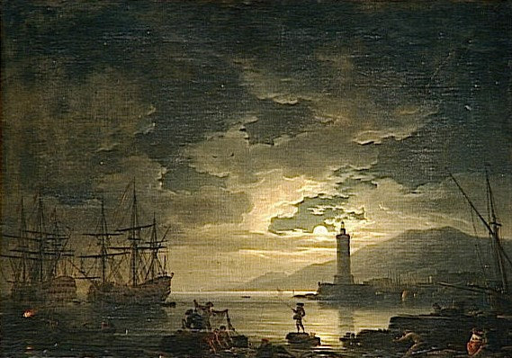 Marine:  Clair de lune (Marine Landscape by  Moonlight), vintage artwork by Claude-Joseph Vernet, 12x8" (A4) Poster