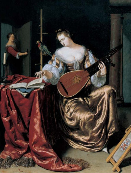 Die Lautenspielerin, vintage artwork by Frans van Mieris the Elder, 12x8" (A4) Poster