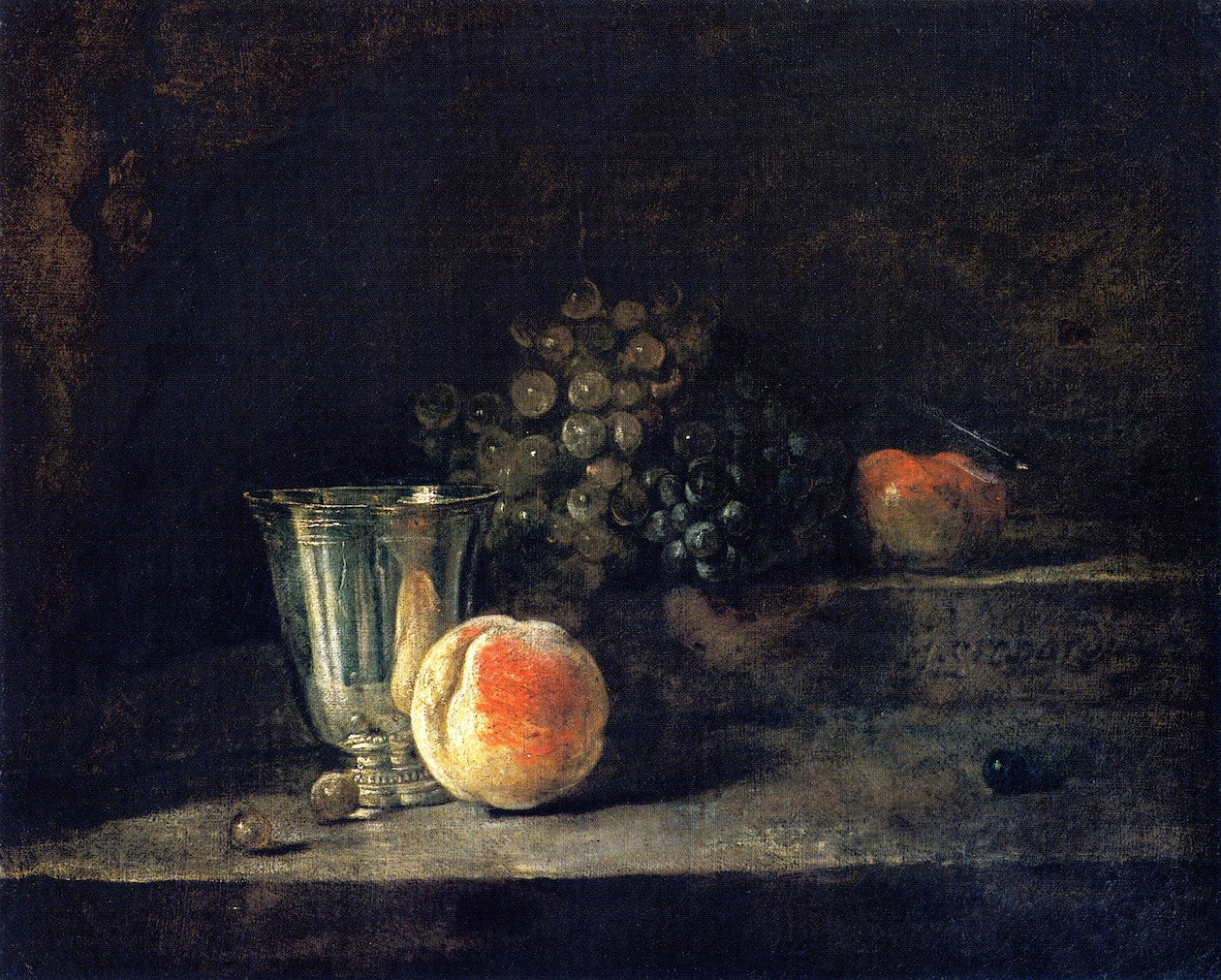 Silver Goblet, Peach, White and Red Grapes, and Apple, vintage artwork by Jean-Baptiste-Simeon Chardin, 12x8" (A4) Poster