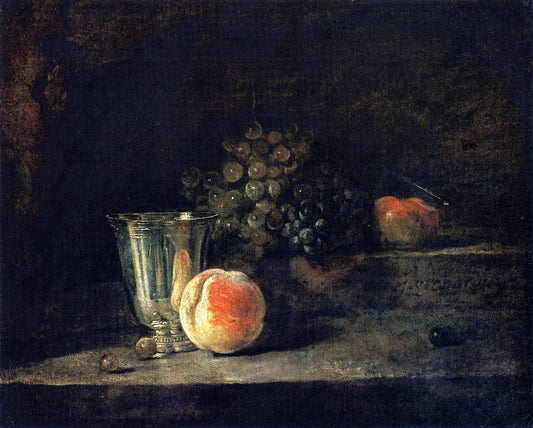 Silver Goblet, Peach, White and Red Grapes, and Apple, vintage artwork by Jean-Baptiste-Simeon Chardin, 12x8" (A4) Poster