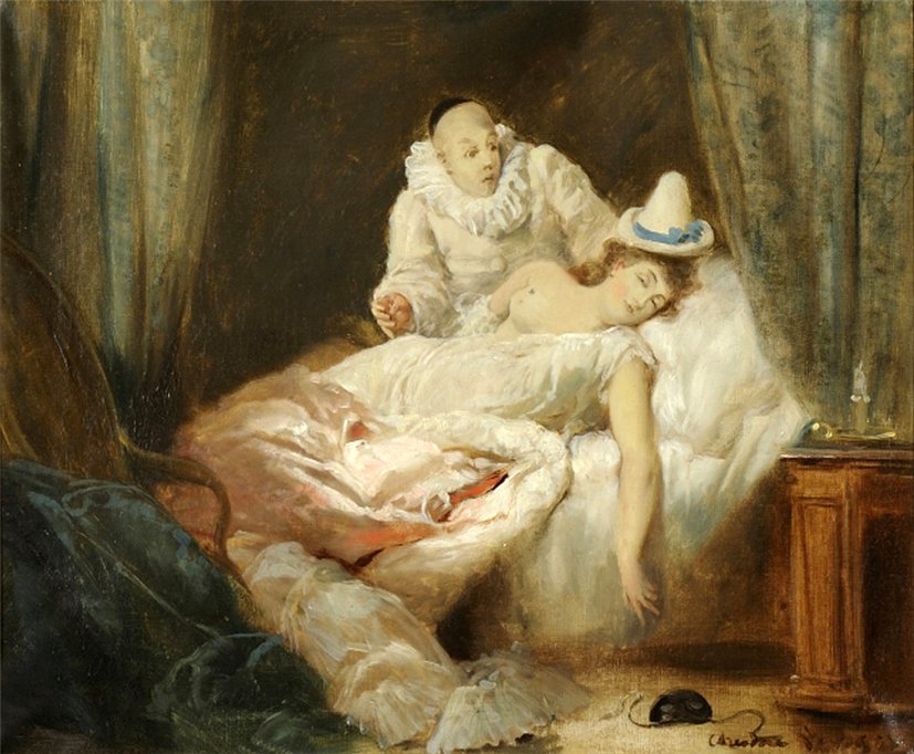 Pierrot Surprises Sleeping Colombine, vintage artwork by Theodore Levigne, 12x8" (A4) Poster