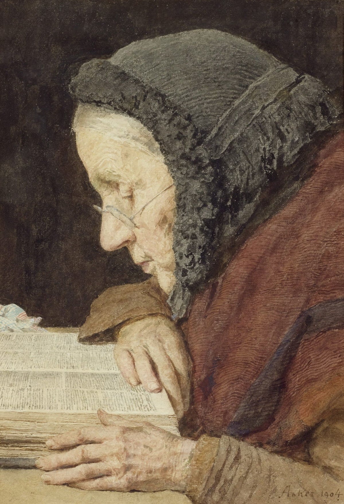 Elderly Woman Reading the Bible, vintage artwork by Albert Anker, 12x8" (A4) Poster