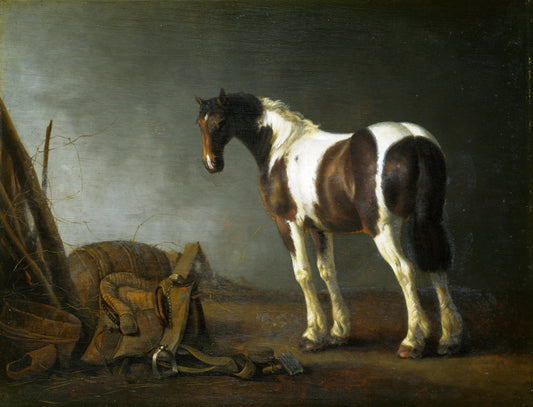 A Horse with a Saddle Beside it, vintage artwork by Abraham van Calraet, 12x8" (A4) Poster