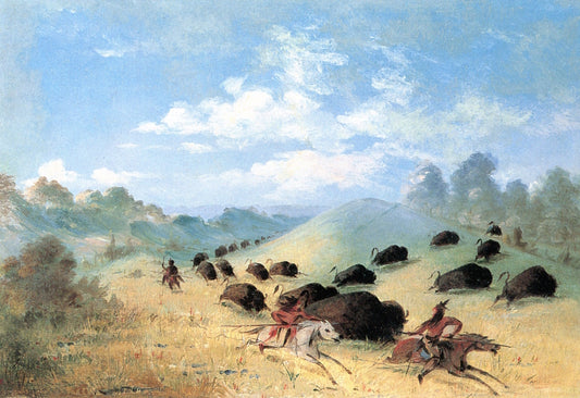 Comanche Indians Chasing Buffalo with Lances and Bows, vintage artwork by George Catlin, A3 (16x12") Poster Print