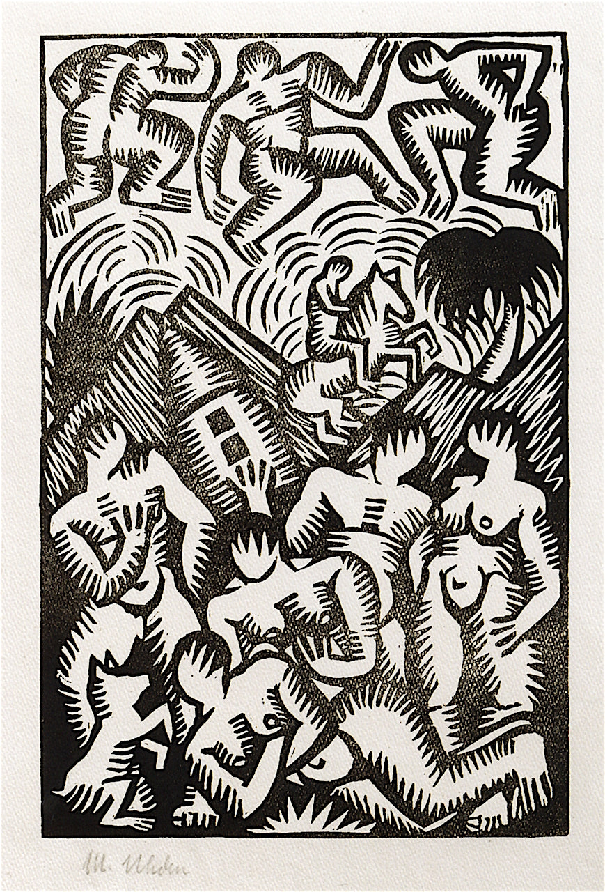 Eight Nudes and Horseman in a Landscape, vintage artwork by Maria Uhden, 12x8" (A4) Poster