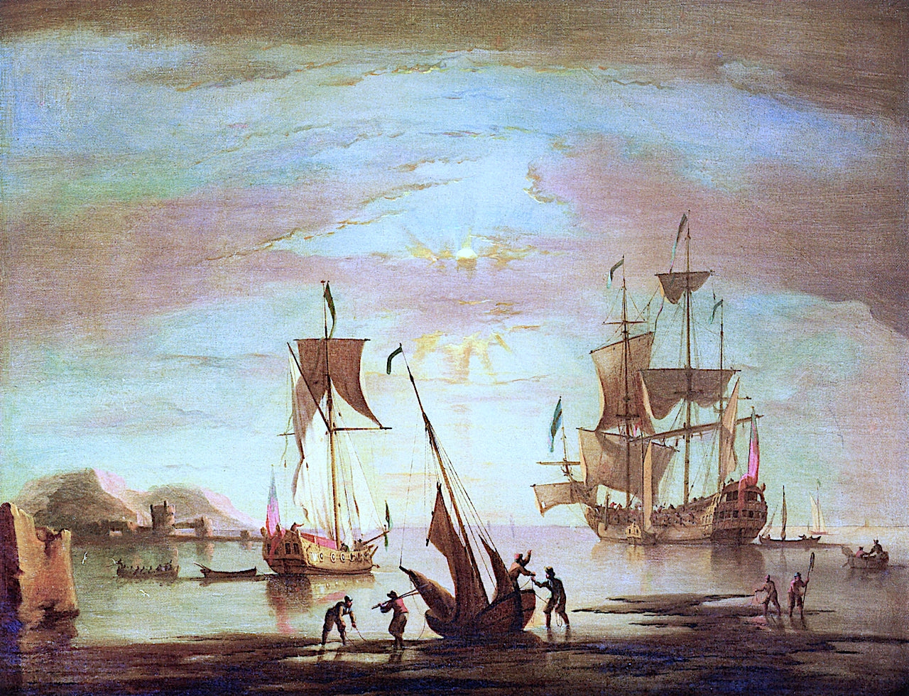 Shipping Becalmed offshore at Sunset, vintage artwork by Peter Monamy, 12x8" (A4) Poster