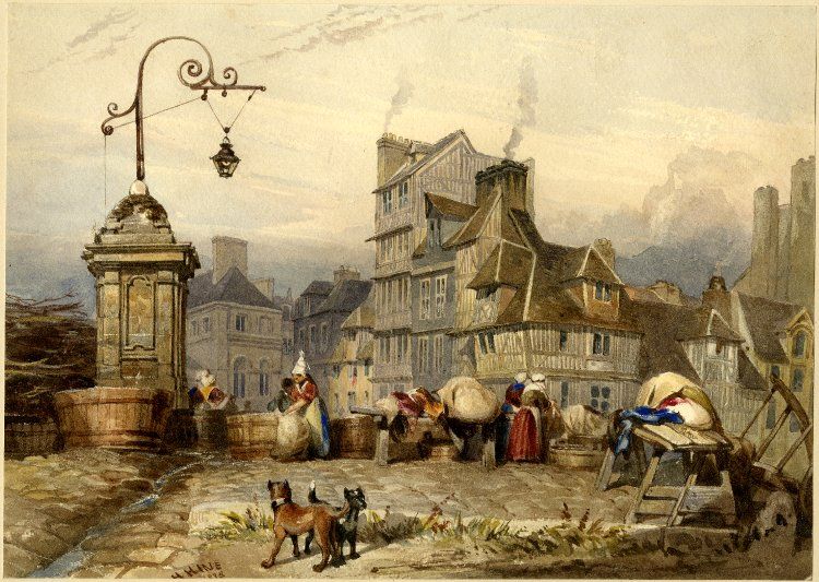 A courtyard with women washing clothes, vintage artwork by Henry George Hine, A3 (16x12") Poster Print