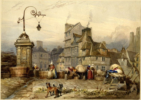 A courtyard with women washing clothes, vintage artwork by Henry George Hine, A3 (16x12") Poster Print