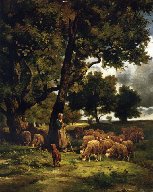 The Shepherdess and Her Flock, vintage artwork by Charles-Émile Jacque, A3 (16x12") Poster Print