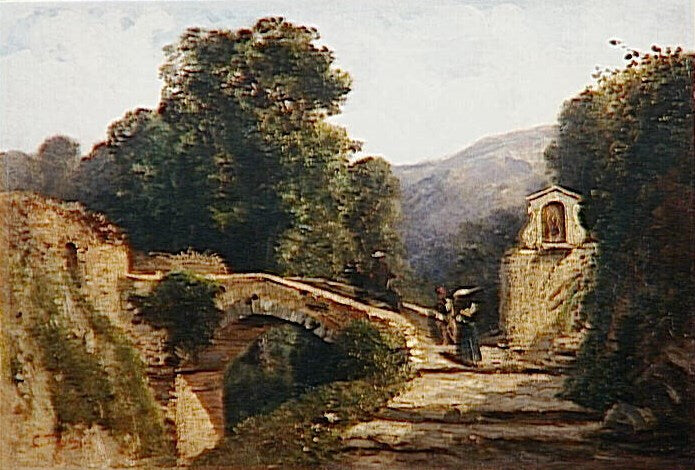 Mountainous Landscape with People by  a Bridge, vintage artwork by Constant Troyon, A3 (16x12") Poster Print