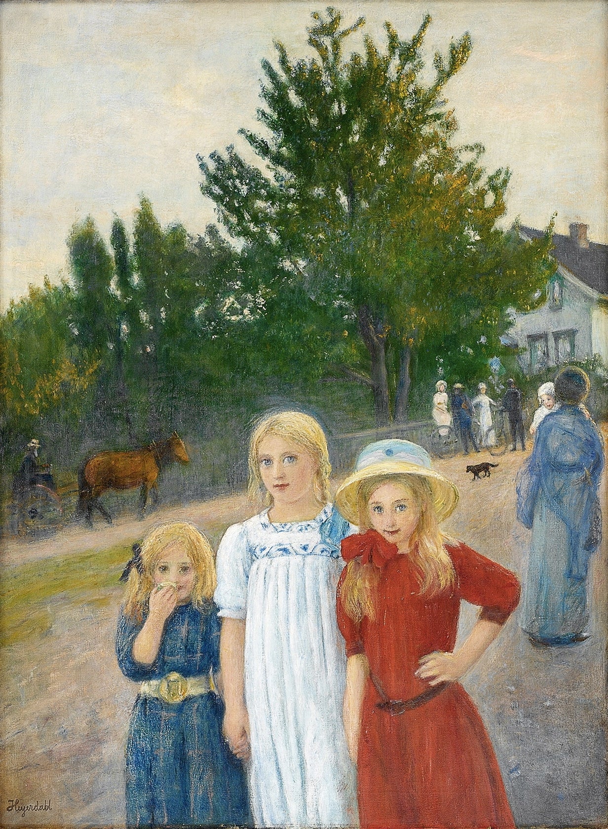 Street scene with three girls, vintage artwork by Hans Heyerdahl, 12x8" (A4) Poster