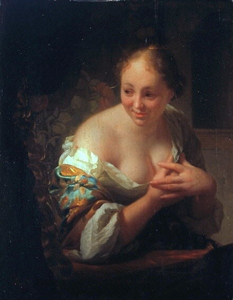 Young Girl by  the Mirror, vintage artwork by Godfried Schalcken, 12x8" (A4) Poster