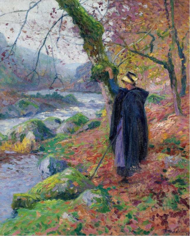Peasant Girl at the Riverbank, vintage artwork by Paul Madeline, 12x8" (A4) Poster