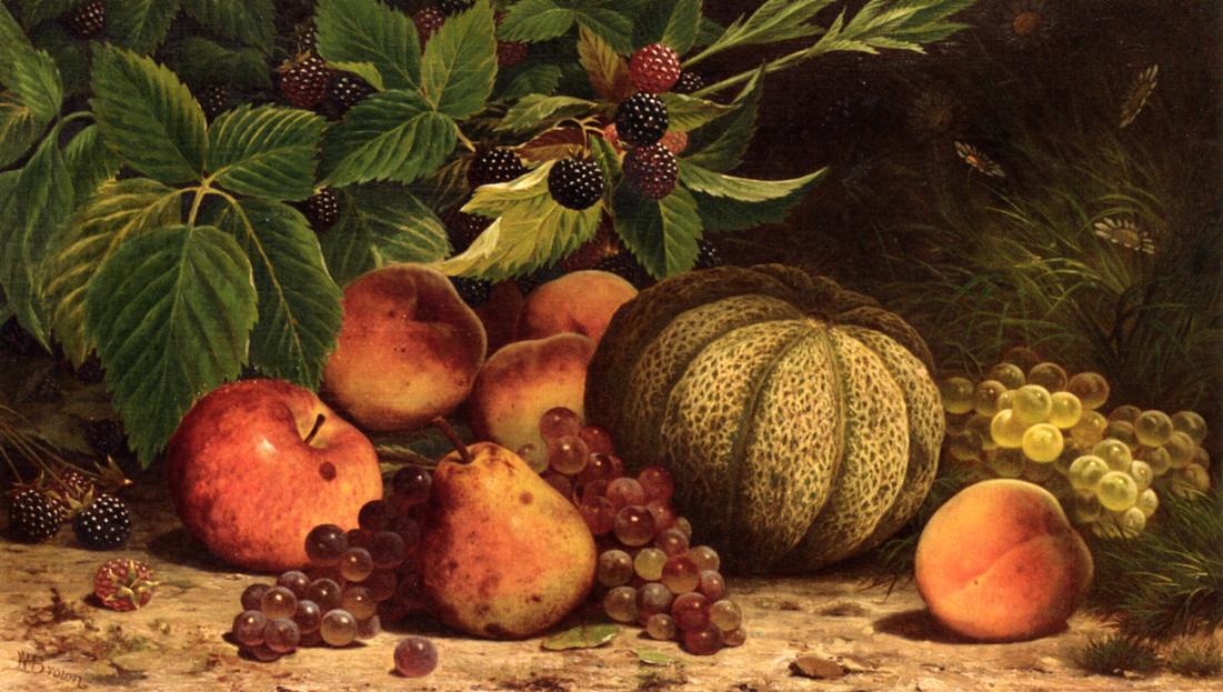 Still Life with Melon, Grapes, Peaches, Pears and Black Raspberries, vintage artwork by William Mason Brown, 12x8" (A4) Poster