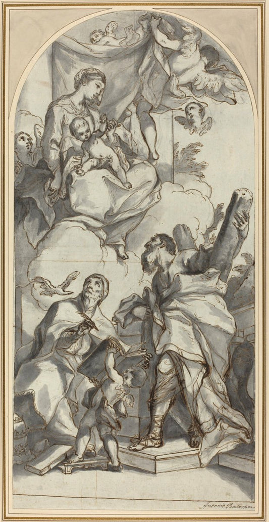 The Virgin Appearing to Saint Gregory and Saint Andrew, vintage artwork by Antonio Balestra, 12x8" (A4) Poster