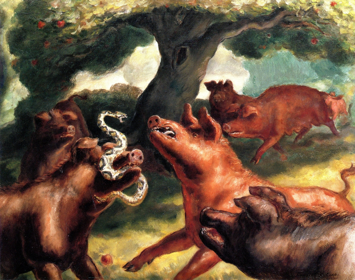 Hogs Killing a Snake, vintage artwork by John Steuart Curry, 12x8" (A4) Poster