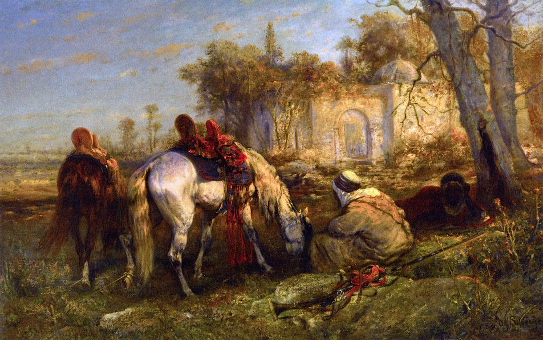 Two Reclining Arabs and Two Tethered Horses, vintage artwork by Adolf Christian Schreyer, 12x8" (A4) Poster