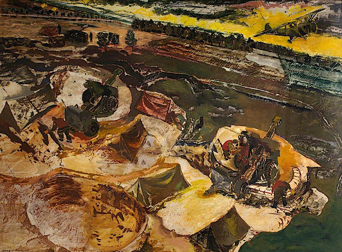 Breaking up the Attack, Holland: 25-Pounders of the 15th (Scottish) Division Firing towards Meijel, vintage artwork by Albert Richards, 12x8" (A4) Poster