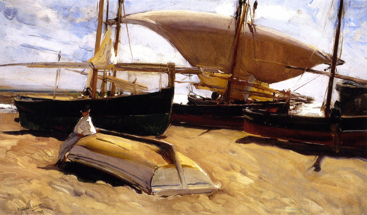 Boats on the Sand, Valencia, vintage artwork by Joaquin Sorolla y Bastida, 12x8" (A4) Poster
