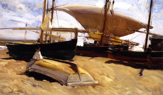 Boats on the Sand, Valencia, vintage artwork by Joaquin Sorolla y Bastida, 12x8" (A4) Poster