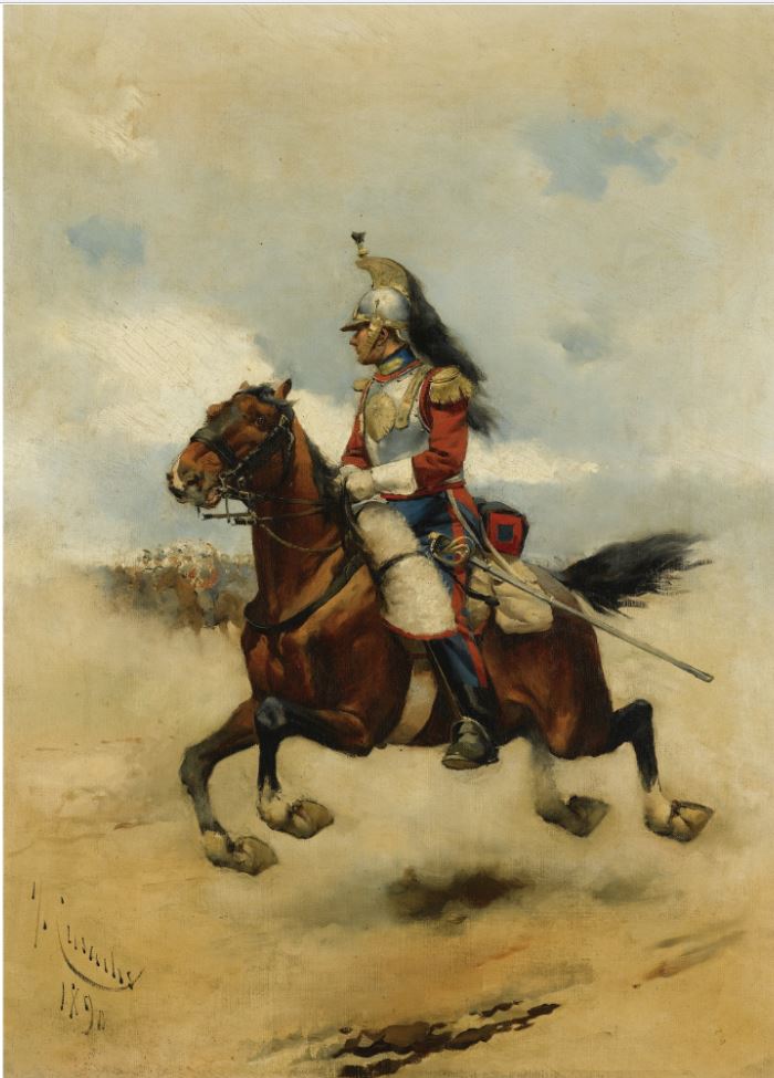 Chargin Cavalry Officer, vintage artwork by Josep Cusachs, 12x8" (A4) Poster