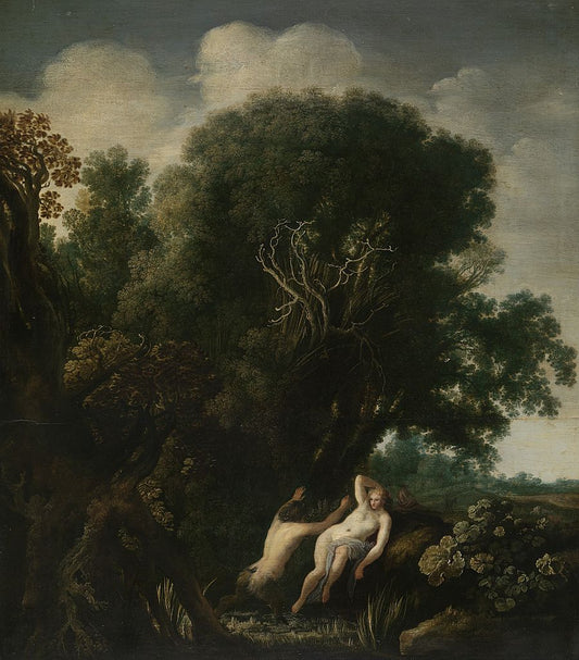 Landscape with Satyr and Nymph, vintage artwork by Moses van Uyttenbroeck, 12x8" (A4) Poster