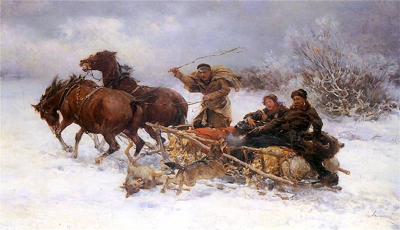 Wolves Attacking a Sleigh, vintage artwork by Alfred von Wierusz-Kowalski, 12x8" (A4) Poster