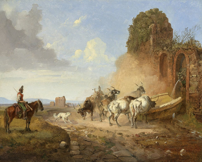 Cattle Watering at a Fountain on the Via Appia Antiqua with the Ruins of an Aqueduct in the Background, vintage artwork by Heinrich Bürkel, A3 (16x12