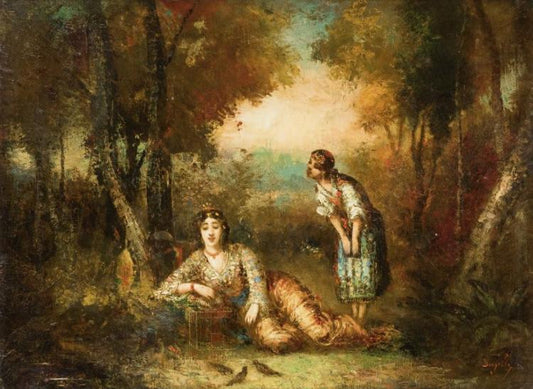 Odalisque with her Bird Cage, vintage artwork by Frederic Borgella, 12x8" (A4) Poster