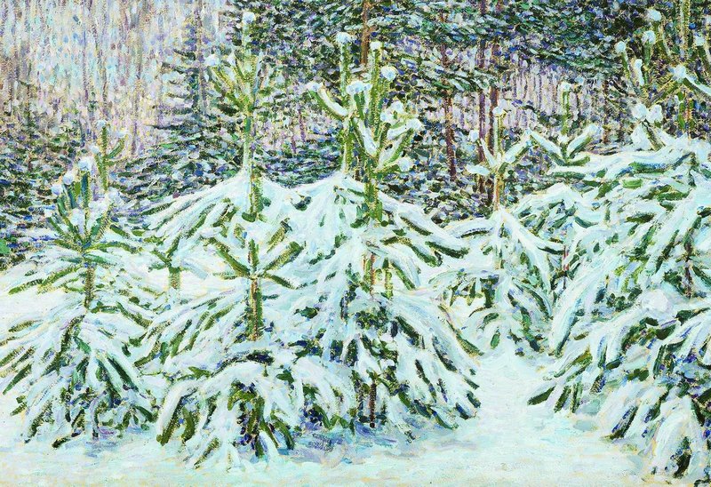 Fir Trees under the Snow, vintage artwork by Nikolai Meshcherin, 12x8" (A4) Poster