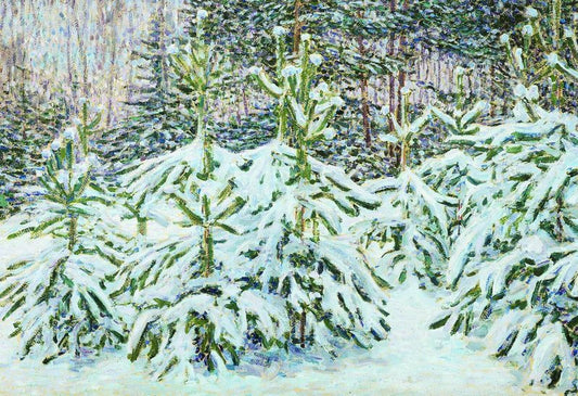 Fir Trees under the Snow, vintage artwork by Nikolai Meshcherin, 12x8" (A4) Poster