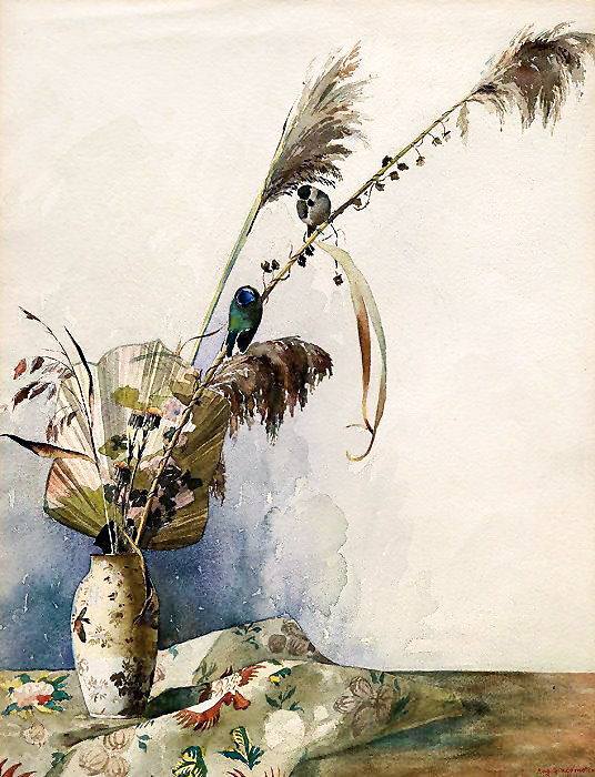 Japanese vase with fan, reeds and two birds, vintage artwork by Augusto Giacometti, 12x8" (A4) Poster