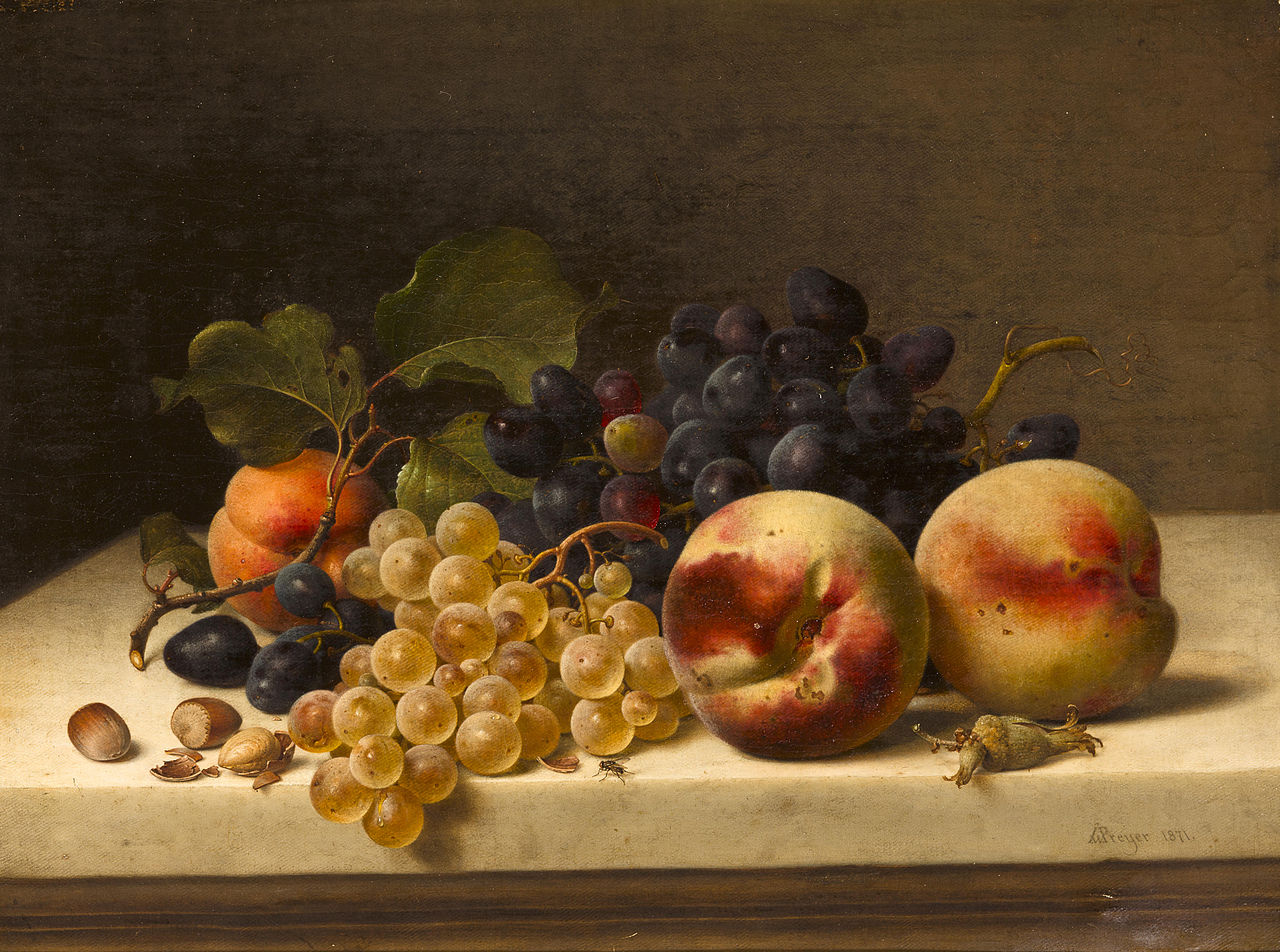 Still-life with Peaches, Grapes and Hazelnuts, vintage artwork by Johann Wilhelm Preyer, A3 (16x12") Poster Print