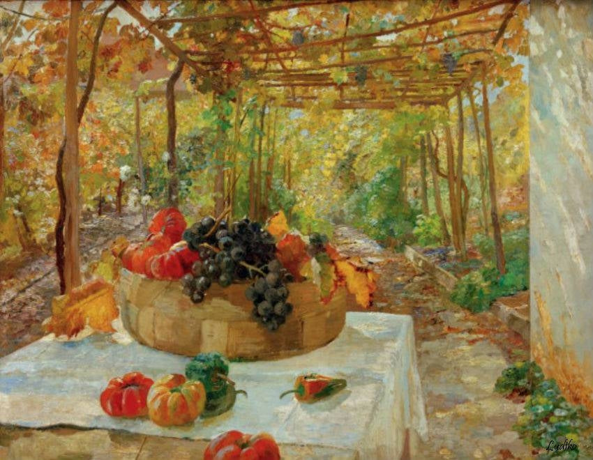 In the Pergola, vintage artwork by Marie Egner, 12x8" (A4) Poster